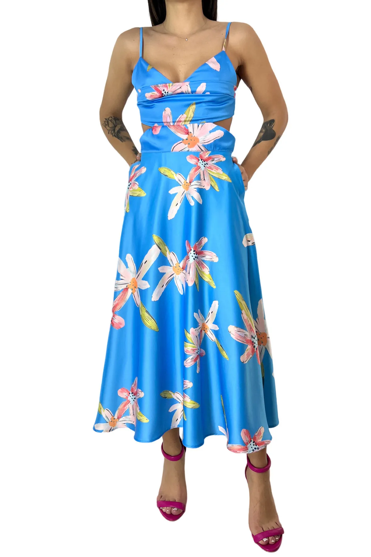 Abito donnamidi in satin fantasia fiori con bretella sottile regolabile aperture invita scollatura schiena