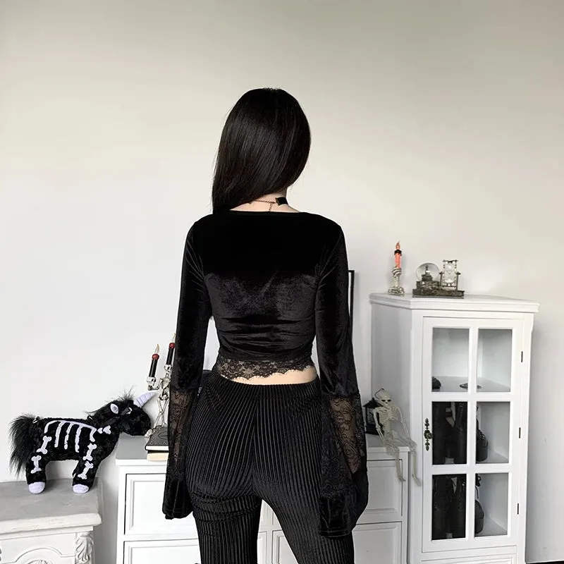 Top Sexy Pizzo Svasato Manica Lunga Corsetto Crop Donna Velluto Nero Scollo V